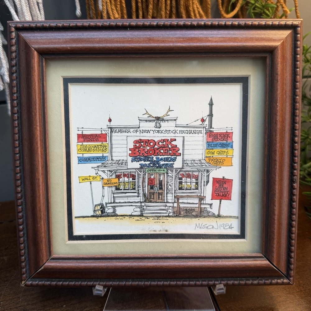 Vintage 1989 Roger Mason Hand Water Colored Print Framed Stock Broker Signed